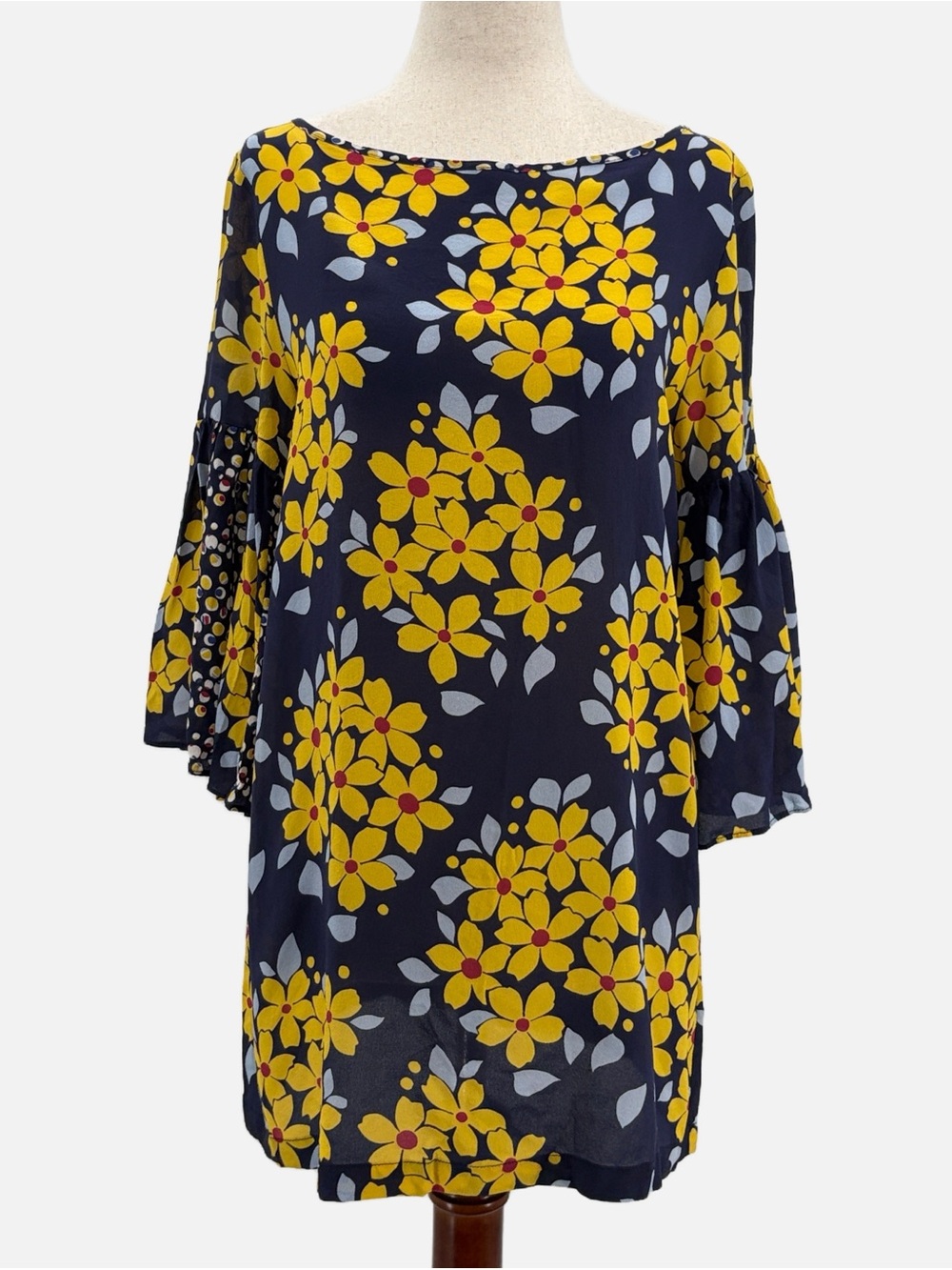 SUNO Silk Floral Bell Sleeve Tunic Top Navy Yellow Size 4